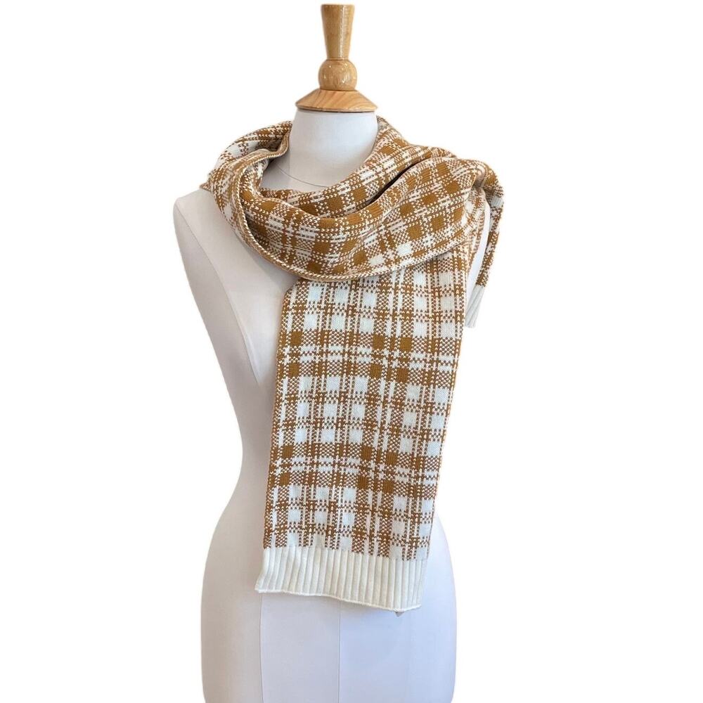 Timberland Cream and Tan Plaid Knit Scarf, Preppy, Casual, One Size